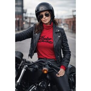 Harley Davidson Women Red Ribbed Turtleneck Long Sleeve Script Logo Top Small